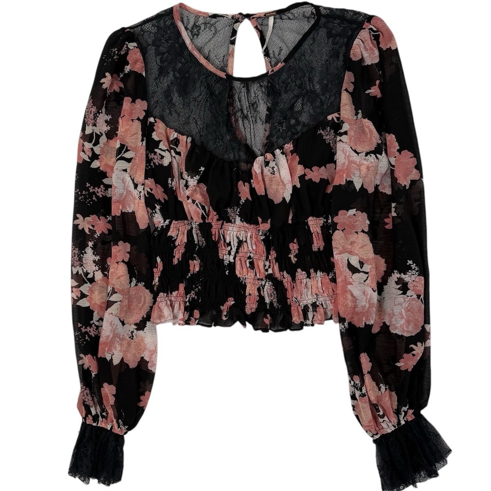 Free People Daphne Boho Blouse Top‎ Womens Size Small Black Midnight Combo Shirt